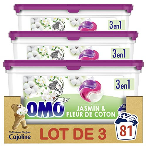Omo Lessive liquide en capsules 3 en 1 Jasmin et fleur de coton - 81 lavages - propreté éclatante & parfum longue durée aux essences naturelles (lot de 3x27)