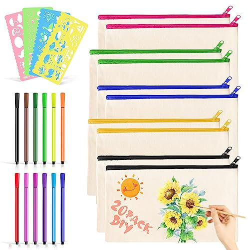 Leinwand Federmäppchen zum Bemalen,10 Stück DIY Blanko Stoffbeutel Stoffbeutel Mäppchen zum Bemalen mit 12 Buntstift,4 DIY Malschablonen