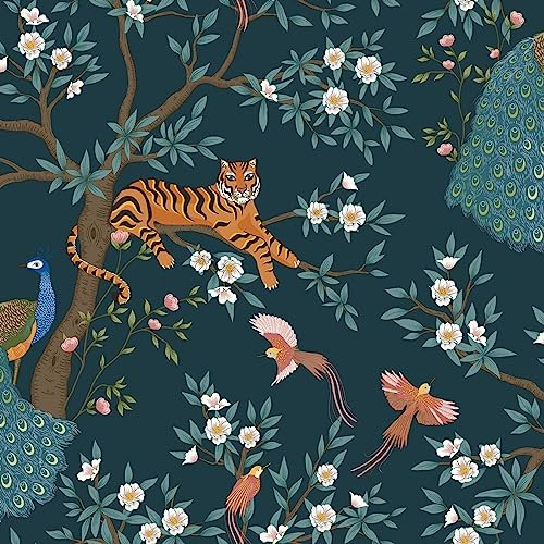 SOPHIE LAURENCE Navy Teal Tropical Wallpaper Tiger Birds Peacock Trees Floral Exotic Jungle - Stylish, Washable, Strippable - Paste The Paper Designer Wallpaper