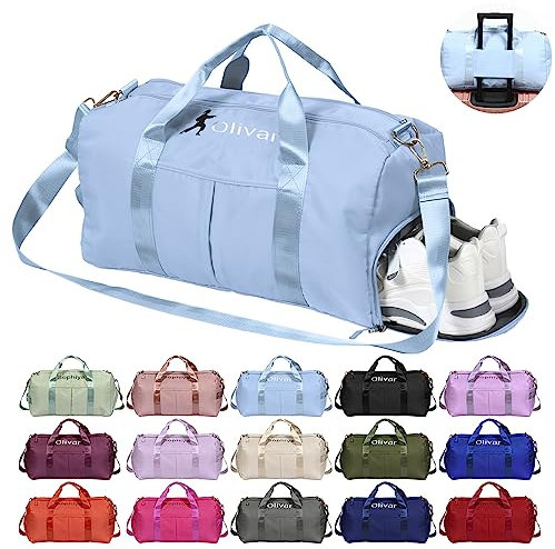 Personalisierte Schwimmtasche, OXYEFEI 45 Embroidery Muster Optional Sporttasche Mädchen Kinder Name Trainingstasche mit Groß Schuhfach Nassfach Faltbare für Ballett Gymnastik Gym(Hellblau)