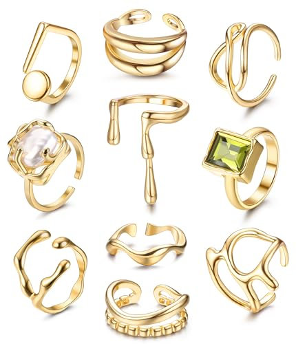 JeryWe 10PCS 18K Gold plattiert Multi Stacking Ring Set, Frauen Gold Ringe, einstellbare offene Ende Ringe
