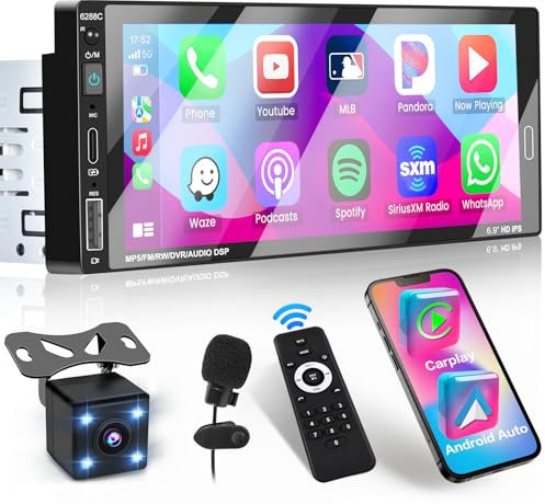 Hikity Autoradio 1 DIN con Schermo a Scomparsa Carplay Android Auto Stereo 6,9 Pollici Touchscreen Display Radio Auto con Bluetooth Mirror Link FM EQ USB Tipo-C Retrocamera