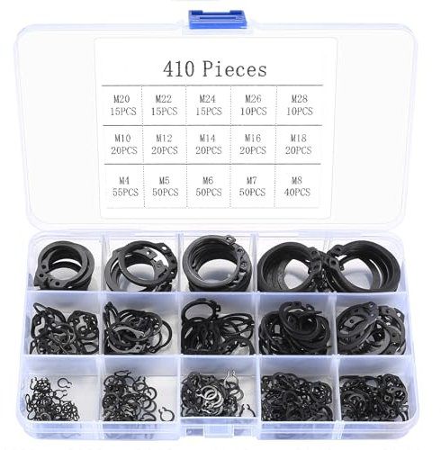 Anelli Elastici E-Clips Anello, 410 Pz Anelli Elastici di Sicurezza Interni, 15 Dimensioni Anelli d'Arresto, Assorti Interno Anello di Sicurezza, Anello Elastico per Hardware di Fissaggio