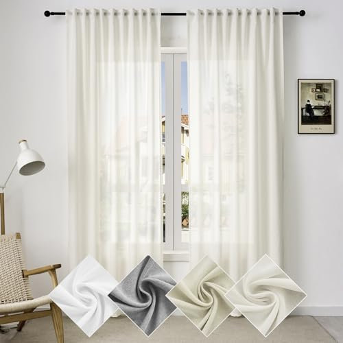 WOLTU Gardinen mit Kräuselband Vorhänge Leinenoptik Halbtransparent Voile Leinenvorhang Stores Fenstergardinen Modern für Wohnzimmer Schlafzimmer, 135x175 cm Creme (1 Stück)