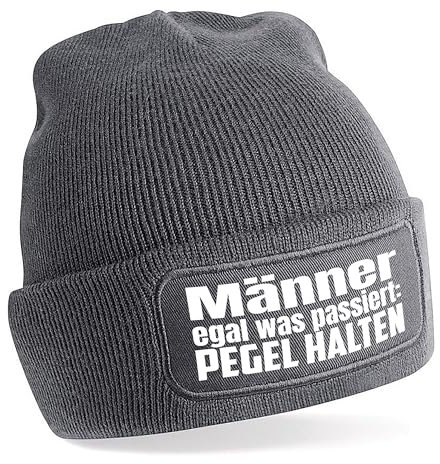 Herzbotschaft Beanie Strickmütze mit Spruch | Männer egal was passiert: Pegel halten | grau | Unisex SoftTouch angenehm weiche und warme Wintermütze | OneSize Einheitsgröße für Erwachsene