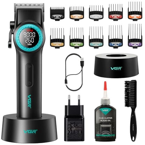 VGR 001 Professionelle Haarschneidemaschine für Männer, Schnurlose Friseurschermaschine zum Haarschneiden, Karbonstahlklinge Haarschneider für Barbiere, 9000 U/min, LED-Anzeige, Schwarz