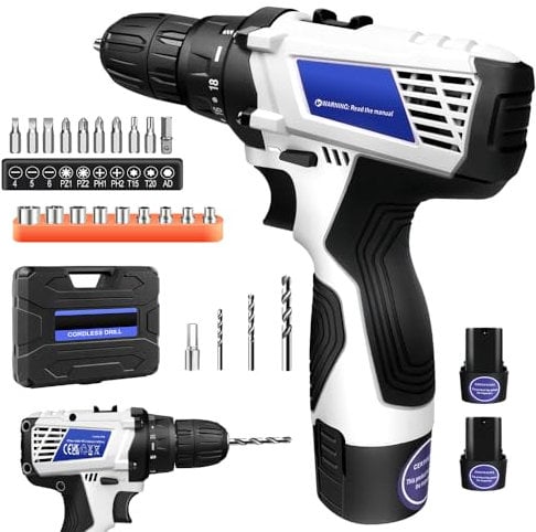 45Nm Power Electric Drills Cordless, 18+1 Torque Setting Lightweight Electric Screwdriver Set for Home Garden, 1300mAh Battery Cordless Combi Drill Kit, 2X Batteries and Charger Included