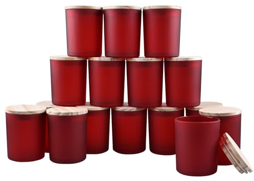 SHOWIN Tarros gruesos para hacer velas, 16 unidades, tarros vacíos de 7 onzas con tapas de madera para hacer velas, recipiente de muestra, rojo esmerilado