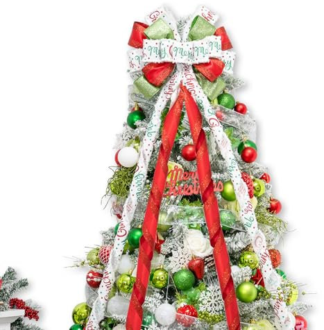 Christmas Tree Topper Bow，53x13 in Large Christmas Bow with Printed Grinch-mas and Red Green White Dot Ribbon，Decorative Glitter Streamer Bows for Xmas Tree Door Festival Home Decor(White & Printed)