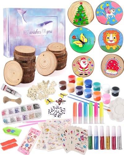 Yuforr 20 PCs of Wooden Slice Kids Wooden Painting Kit-Glow in The Dark-Arts & Crafts Gifts for Boys Girls Ages 5-12 Christmas Craft Activities Kits