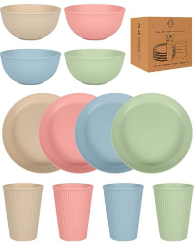 JEJA Service Vaisselle, Assiettes Service De Table 4 Personnes, Bol, Plate, Tasses, Vaisselle pour Pique-Nique, Vaisselle Incassable, Série Claire