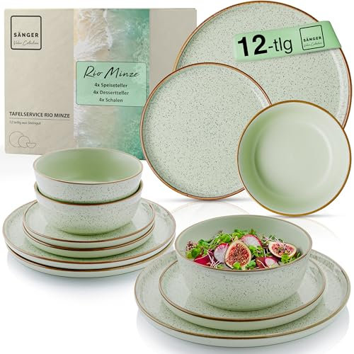 SÄNGER Rio Minze | Tafelservice 12 teilig, Steingut Geschirr Set 4 Personen, 4x Speiseteller 4x Dessertteller 4x Schalen Geschirrset und Schale mintgrün | VALUE COLLECTION