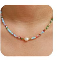 GUSXPPD Bunte Perlenkette, Tiny Bunte Kette, Regenbogen Samen Perlen Halskette, Halskette Bunte Perlen, Boho Strand Perlen Halsketten mit Süßwasserperlen Anhänger für Frauen Teenager Mädchen (4)