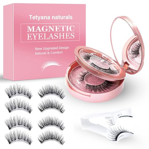 Magnetische Wimpern, 4 Paar wiederverwendbare Magnetwimpern, Natürlich aussehendes 3D Falsche Wimpern Set mit Applikator, Wasserdicht, Kein Kleber, Einfach zu tragen