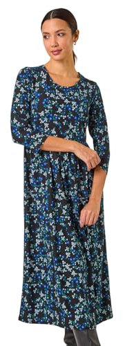 Roman Originals Midi Dress with Pockets for Women UK Ladies Stretchy Jersey Maxi Long 3/4 Length Sleeve Gathered High Waist Boho Flattering Skater Swing Fit Flare - Blue Noir - Size 10