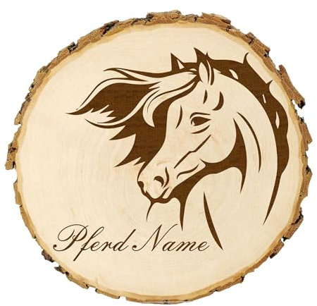 KIWISTAR UG - Baumscheibe 14-16 cm - Pferd - Pferdname für Stall - personalisiertes Geschenk individuell selbst gestalten - Name - Holzscheibe mit Wunschtext - Naturholz - Geschenk - Türschild