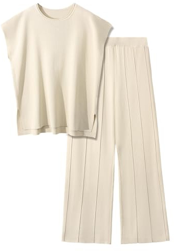 PASUDA Zweiteiler Damen Elegant Pullover Sets Hausanzug Strickpullover Tops Elastische Taille Weites Hose Lounge Sets Rundhalsausschnitt Outfit Freizeitanzug Trainingsanzug