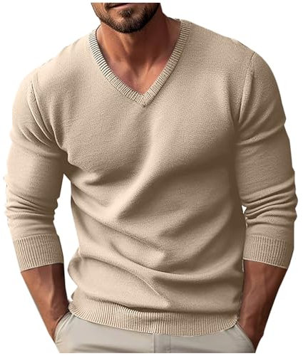Herren Baumwolle Strickpullover mit V-Ausschnitt Business Pullover Langarm Herrenpullover Bequem Sweater Basic Pulli Warm Sweatshirt Langarmshirt Tops Angebote des Tages Heute Beige L
