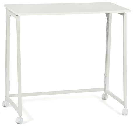 MEUBLE COSY Scrivania Pieghevole con Ruote Postazione di Lavoro Tavolo da Studio per Ufficio, Studio, Camera da Letto, Struttura in Metallo, Stile Scandinavo, Bianco