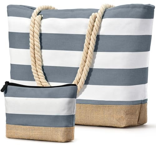 oscaurt Strandtasche Badetasche Shopper Tasche Damen Wasserdicht Umhängetasche Tote Bag mit mit Kosmetiktasche Faltbare Schultertasche für Reisen Yoga Einkaufen (Leer-Set, Dunkelgrau)