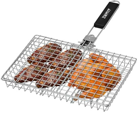 ZWMYF Heavy Duty Stainless Steel Grill Basket for Camping & BBQ - Foldable, Portable Grilling Grate with Detachable Handle - Non-Stick Mesh for Fish, Vegetables, Shrimp, Burgers & More