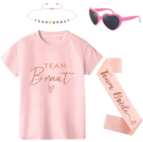 Angenster JGA Tshirt Team Bride Shirt Set, Braut Tshirt Jga Shirt Frauen Junggesellenabschied T-shirt mit Jga Schärpe Armbänder Sonnenbrille, Brautjungfer T-Shirts für Hochzeit Parties (Rosa D, XL)
