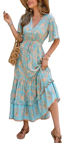 R.Vivimos Femmes D'été Cou en V Manches Courtes Robe Bohème Robe Florale A Ligne Robe Longue Plage(S,SkyBlue-Floral)