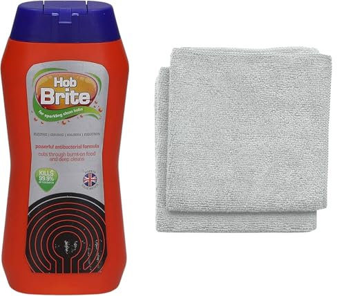 Hob Brite 300ml Hob Cleaner Bundle with 2x Microfibre Cloths (Non-Scratch) | Removes Burnt On Food | Suitable For Electric, Ceramic, Halogen and Induction Hob