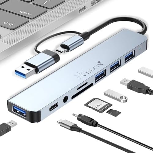 VELOX 8-in-1 USB-C Hub Multiport Adapter, Type-C Dock with USB Extender, Docking Station for Laptop, MacBook, iPad, PC – SD/TF Reader, 3 Ports, Audio Jack