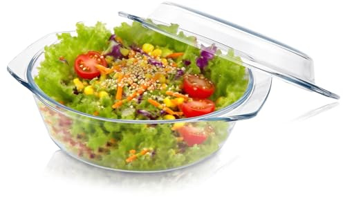 YAYODS Fuente de cristal con tapa, 1000 ml, pequeña redonda, 21,5 cm, para microondas, con tapa, redonda, apta para horno, con asas para ensalada de frutas, carne, microondas