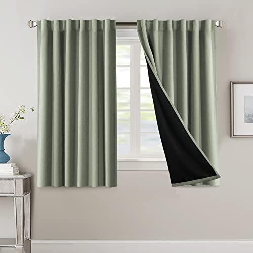 BellaHills 100% Vorhänge mit Kräuselband Blickdicht Vorhang Kälteschutz Verdunklungsvorhänge Gardinen Wohnzimmer, Schallschutz Vorhang 2er Set H 137 x B 117 cm, Salbei Hell