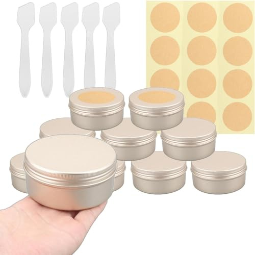 BPackGo Lot de 10 Pots en Aluminium Or Mat 200ml - D92mm x H45mm avec Couvercle à Vis, Vides pour Cosmétiques, Crème, Baume, Bougie, Petit Contenant Métallique Voyage Ronde