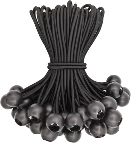 Lylxienty Bungee Cords with Balls 50PCS Tarpaulin Bungee Cords 6 Inch Bungee Balls Small Heavy Duty Elastic Ties Elastic Bungee Straps Short,Tie-Down, Adjustable Flag Bungees (Black)