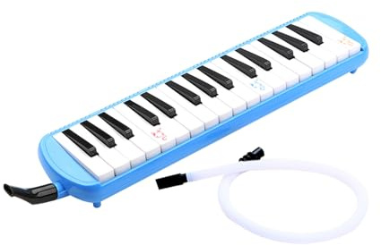 32-tasten Melodica für Anfänger mit Langrohr und Kurzmundstück | Kompaktes Kunststoffdesign, Integrierte Rhythmen, Tragbar für Unterwegs und Feiern, Stilvoll in Blau Weiß