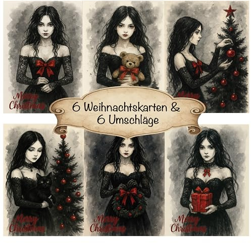 Berninja Alternative Weihnachtskarten Set im Gothic Style für düstere Weihnachten mit 6 Motiven Postkarten A6 inklusive Umschlägen Weihnachtsgrußkarten in Schwarz Rot