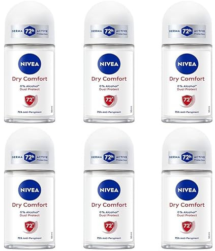6x NIVEA Dry Comfort Deodorant Deo Roll-On Antitranspirant Deoroller mit Dual Active Formel mit langanhaltendem Anti-Transpirant mit Dual Active Formel, 0% Alkohol 72h schutz,50ml (6er Pack)