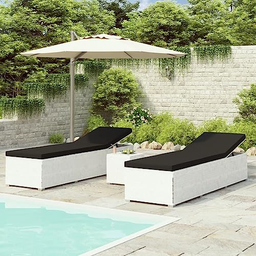 Nqyjm Sonnenliege mit zwei Seiten, verstellbar, Gartenliege, Teetisch, 3 Stück, Polyrattan, Weiß, Strandliege, Relax, Outdoor, für Garten, Terrasse, Balkon, Camping
