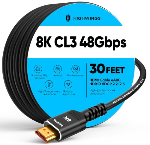 Highwings 10K 8K Long HDMI Cable 9M/30FT, CL3 Rated HDMI, Ultra High Speed | In-Wall CL3 Rated, 8K@60Hz 4K@120Hz Video, 48Gbps, HDMI Lead eARC HDR10 HDCP 2.2/2.3, Compatible Laptop/PC/HDTV/Projectors