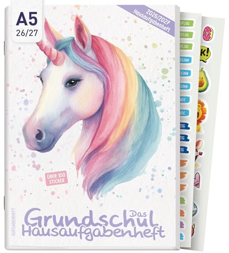Häfft® Hausaufgabenheft Grundschule 2026 2027 A5 mit Datum Einhorn | mit Pädagogen entwickeltes Grundschul-Hausaufgabenheft inkl. Lerntipps, Sticker, Mitteilungsfelder & mehr