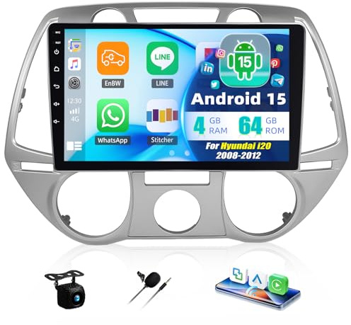 SIXTOP 4GB+64GB Android 15 Radio para Hyundai i20 (2008-2012) Pantalla Radio Coche 9 Pulgadas CarPlay Android Auto WiFi GPS Bluetooth 5.0 FM/RDS EQ SWC Cámara de Marcha Atrás