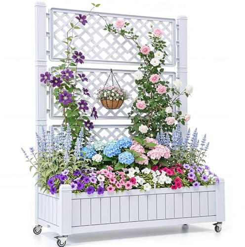 YITAHOME Hochbeete mit Rankgitter 108.5X44X155CM,Abflusslöchern und Rollen | Raised Planter for Climbing Plant,Hold 6.8 kg for Vegetable Flower weiß