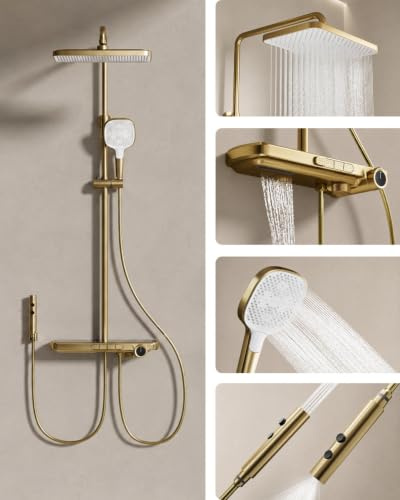 Columna Ducha Termostatica, Columna de Ducha con Grifo, Digital LED, Caño en Cascada, Ducha Bidet, 350x220mm Cabezal de Ducha, 3 Modos Ducha de Mano y Estante, Sistema Ducha de Latón, Oro Cepillado