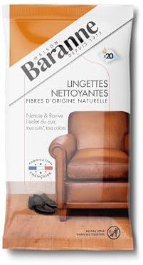 Baranne Lingettes Nettoyantes Cuir | Canapés, chaussures, vêtements et accessoires en cuir | Imprégnation renforcée et Fibres d'origine végétale | Fabriqué en France | x20 Lingettes