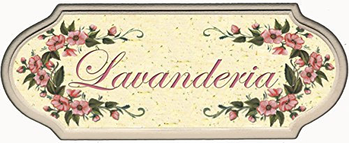 Domus Artis Targa per Porta Lavanderia Shabby Chic Country Decoro Fiori Rosa, 21 cm x 1 cm, Legno ingegnerizzato