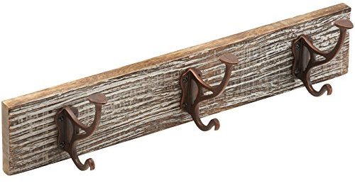 Metafranc Vintage-Hakenleiste 450 x 90 mm - Mangoholz - 3 Huthaken - Vintage-Stil - Used-Look / Garderobenleiste / Wand-Garderobe / Wandhaken / Kleiderhaken / Handtuchhaken / 261847