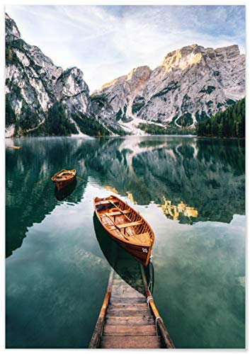Panorama Aluminiumbild Lake of Braies Italy 100 x 70 cm - Gedruckt auf Alu Dibond Weiß - Nature Wandbild Wohnzimmer