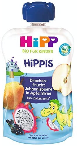 HiPP HiPPiS Quetschbeutel, Drachenfrucht-Johannisbeere in Apfel-Birne, 100% Bio-Früchte ohne Zuckerzusatz, 6 x 100 g Beutel