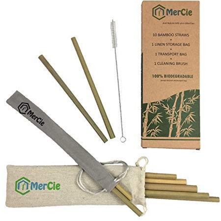 Pailles en bambou biodégradables et réutilisables 20 cm vertes + goupillon de nettoyage long + 1 pochon de rangement en lin + 1 pochon de transport | Ecologique et durable. Emballage sans plastique
