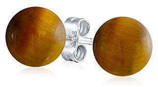 Einfache Edelstein Braun Tigerauge Rundkugel Ohrstecker Für Frauen .925 Sterlingsilber 8MM