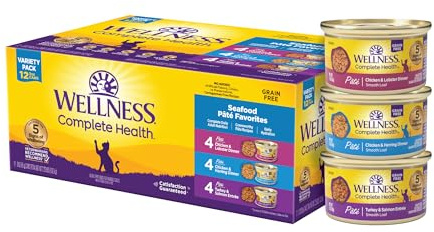 Wellness Complete Health Pate Variety Pack Adult Canned Wet Cat Food, Natural, Protein Rich, Grain Free, Seafood Favorites, 3 oz, Pack of 12 Cans
